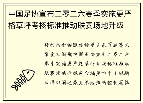 中国足协宣布二零二六赛季实施更严格草坪考核标准推动联赛场地升级