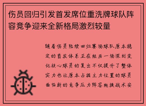 伤员回归引发首发席位重洗牌球队阵容竞争迎来全新格局激烈较量